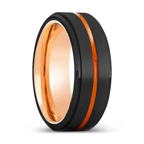 MONTGOMERY | Rose Gold Ring, Black Tungsten Ring, Orange Groove, Stepped Edge