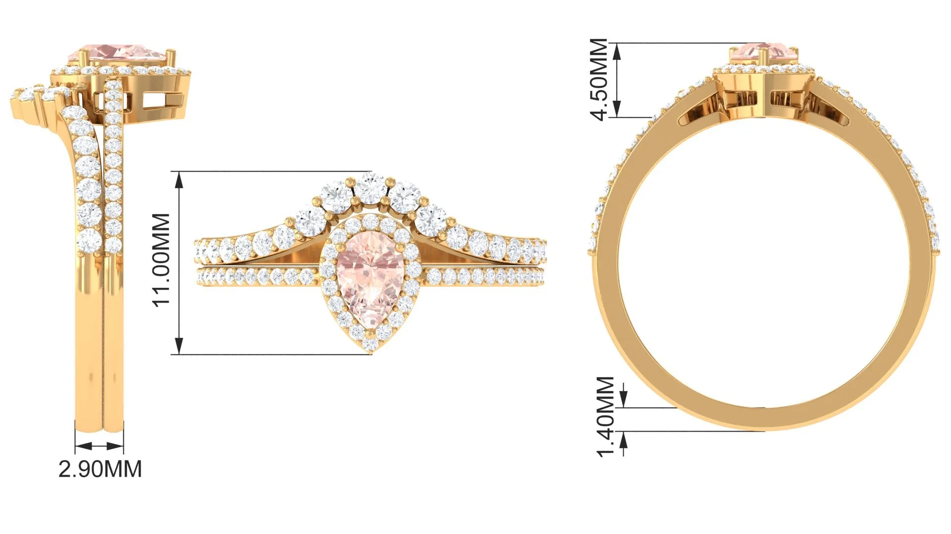 Morganite Designer Teardrop Ring Set with Diamond Halo