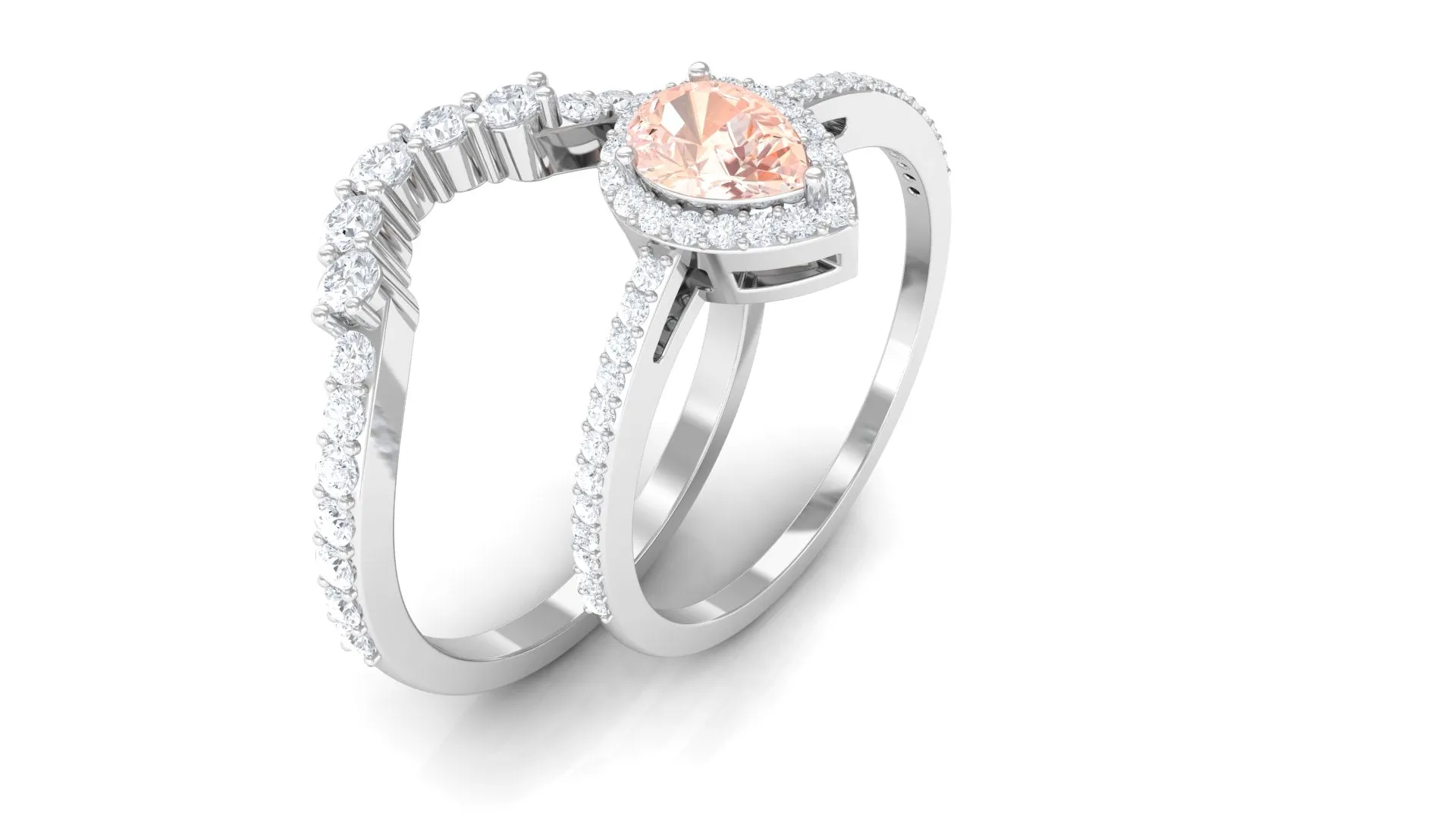 Morganite Designer Teardrop Ring Set with Diamond Halo