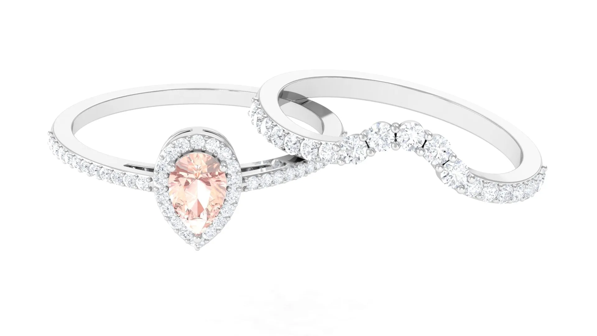 Morganite Designer Teardrop Ring Set with Diamond Halo