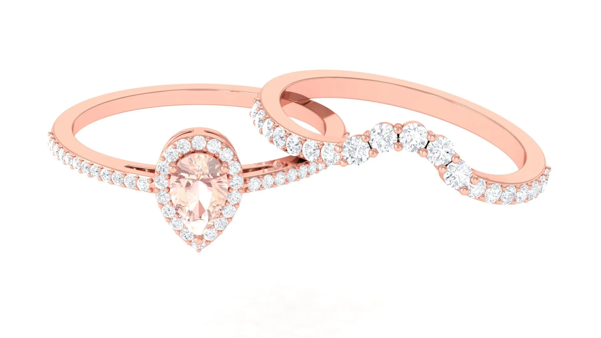 Morganite Designer Teardrop Ring Set with Diamond Halo