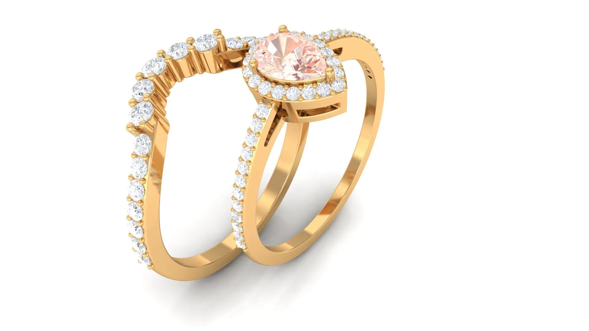 Morganite Designer Teardrop Ring Set with Diamond Halo