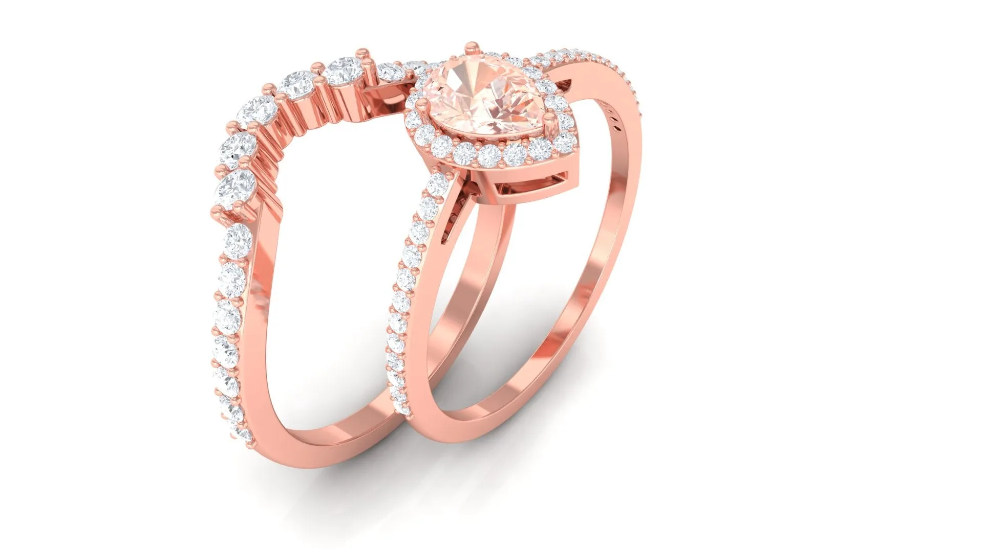 Morganite Designer Teardrop Ring Set with Diamond Halo