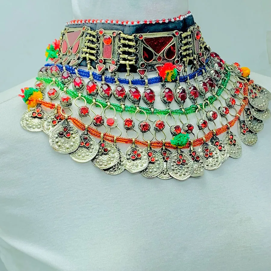 Multicolor Choker Necklace With Silver Dangling Coins