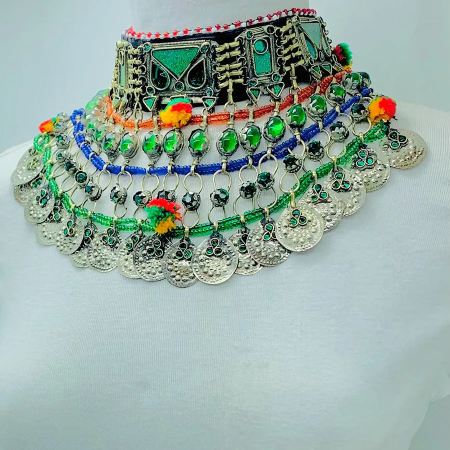 Multicolor Choker Necklace With Silver Dangling Coins