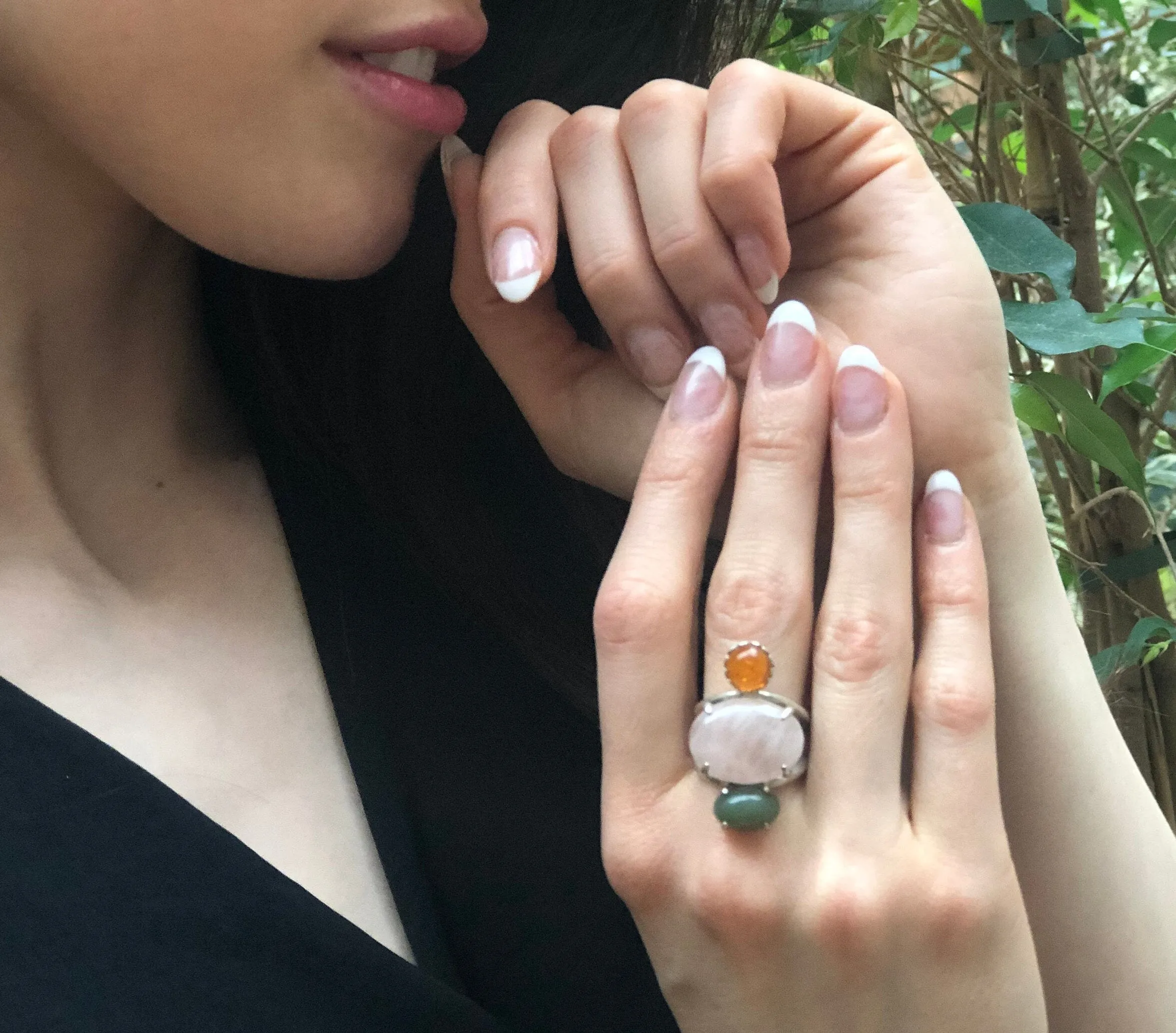 Multistone Statement Ring - Rose Quartz Ring - Vintage Amber Ring