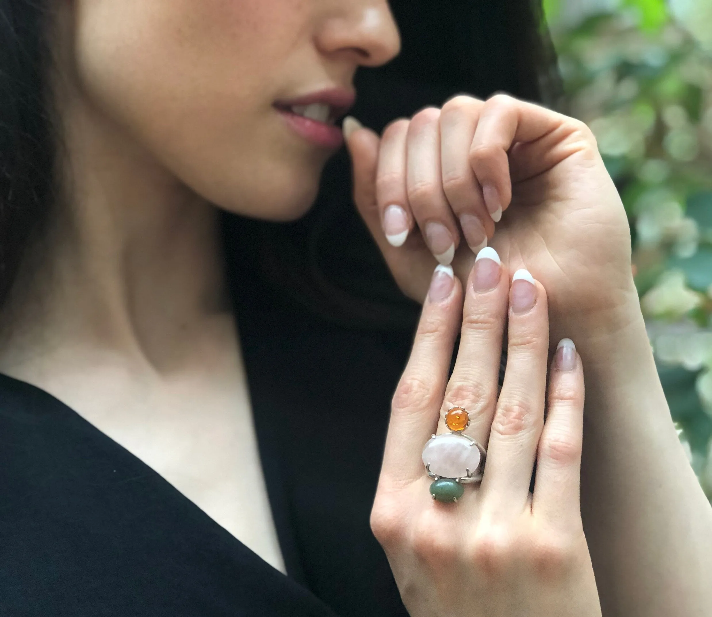 Multistone Statement Ring - Rose Quartz Ring - Vintage Amber Ring