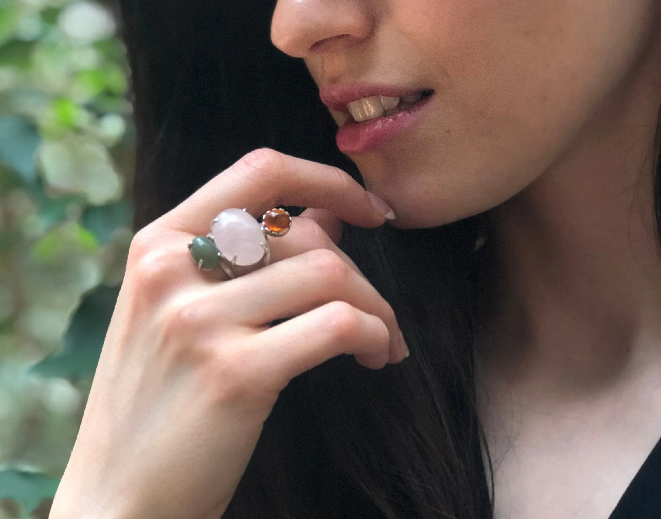 Multistone Statement Ring - Rose Quartz Ring - Vintage Amber Ring