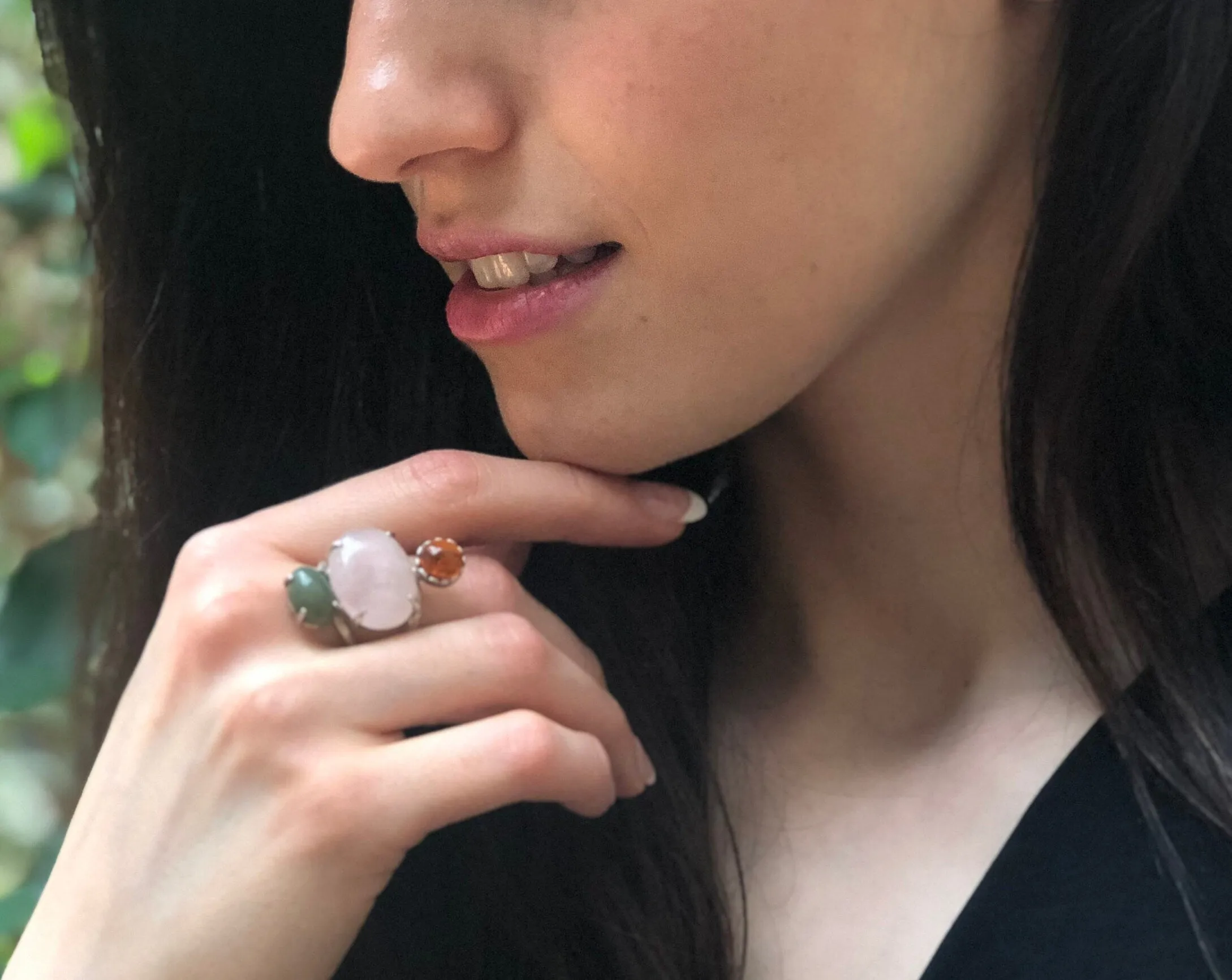 Multistone Statement Ring - Rose Quartz Ring - Vintage Amber Ring