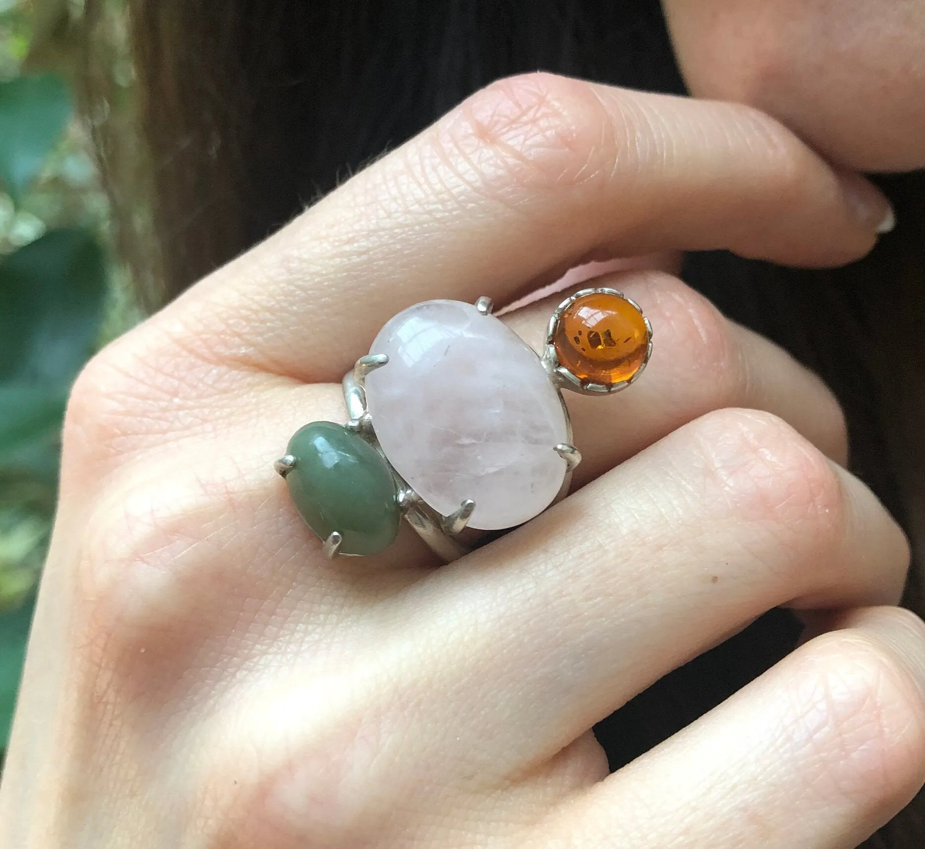 Multistone Statement Ring - Rose Quartz Ring - Vintage Amber Ring
