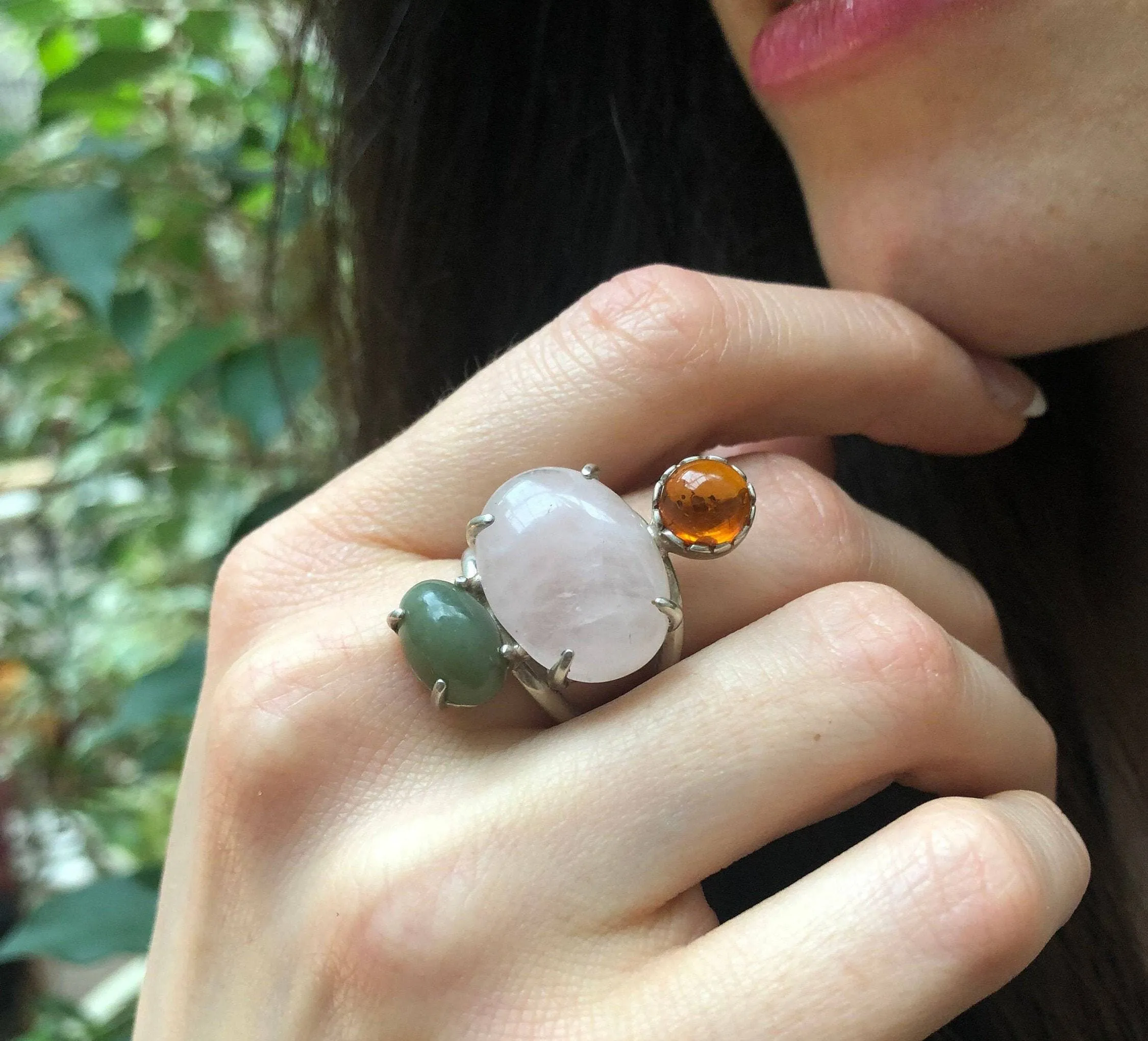 Multistone Statement Ring - Rose Quartz Ring - Vintage Amber Ring