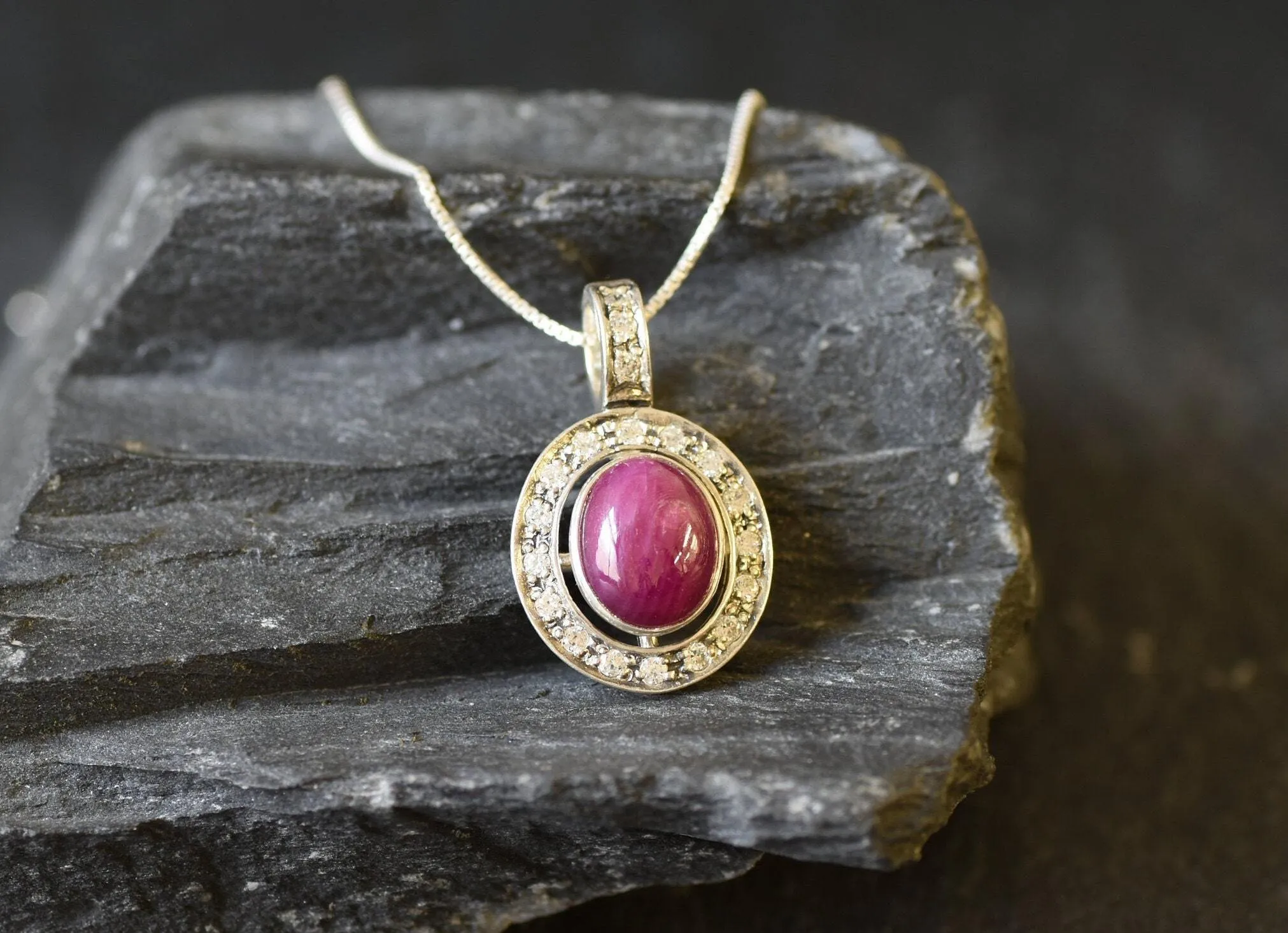 Natural Ruby Pendant - Red Oval Necklace -  Vintage Bezel Necklace