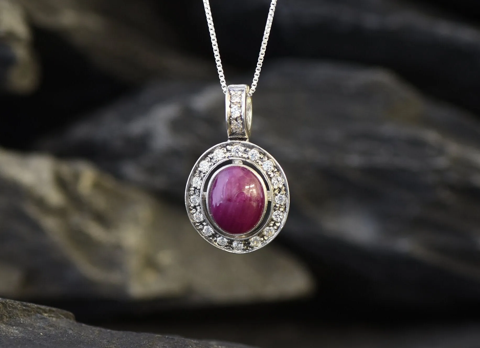 Natural Ruby Pendant - Red Oval Necklace -  Vintage Bezel Necklace