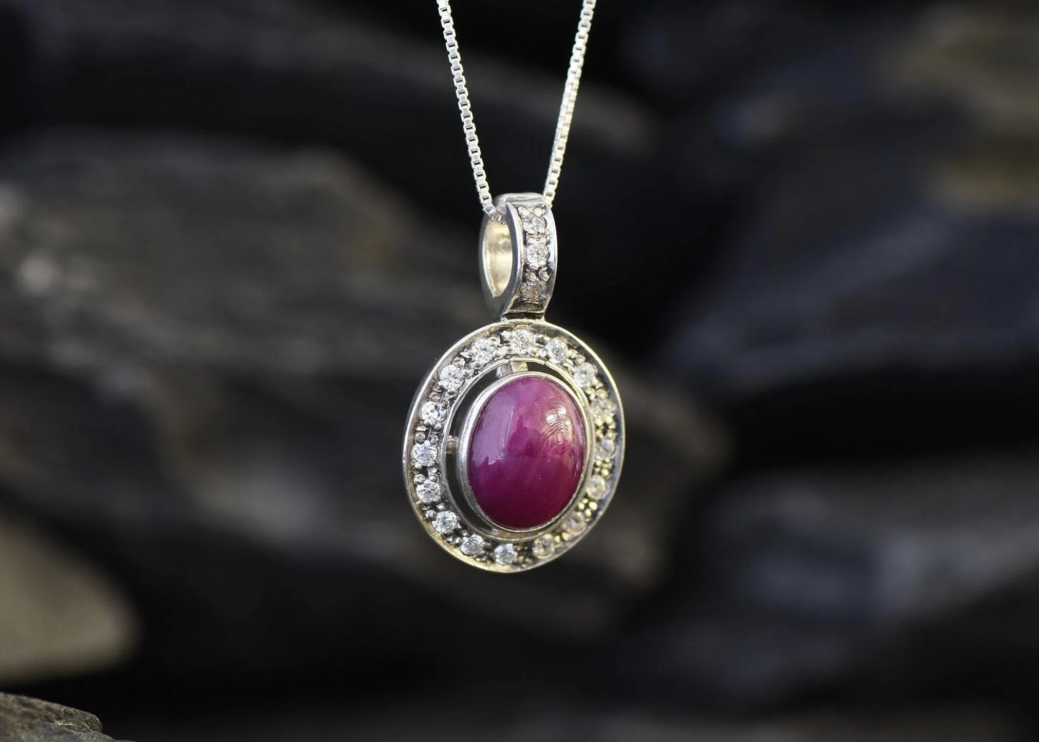 Natural Ruby Pendant - Red Oval Necklace -  Vintage Bezel Necklace