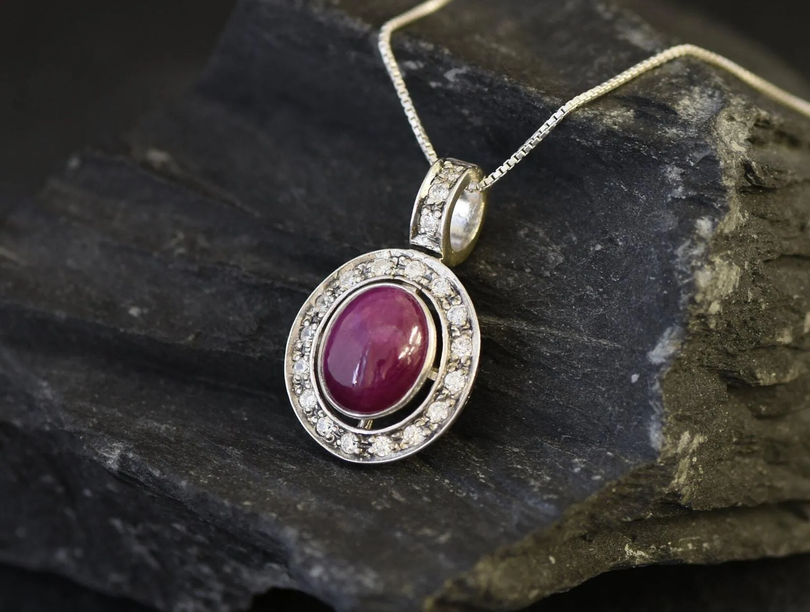Natural Ruby Pendant - Red Oval Necklace -  Vintage Bezel Necklace