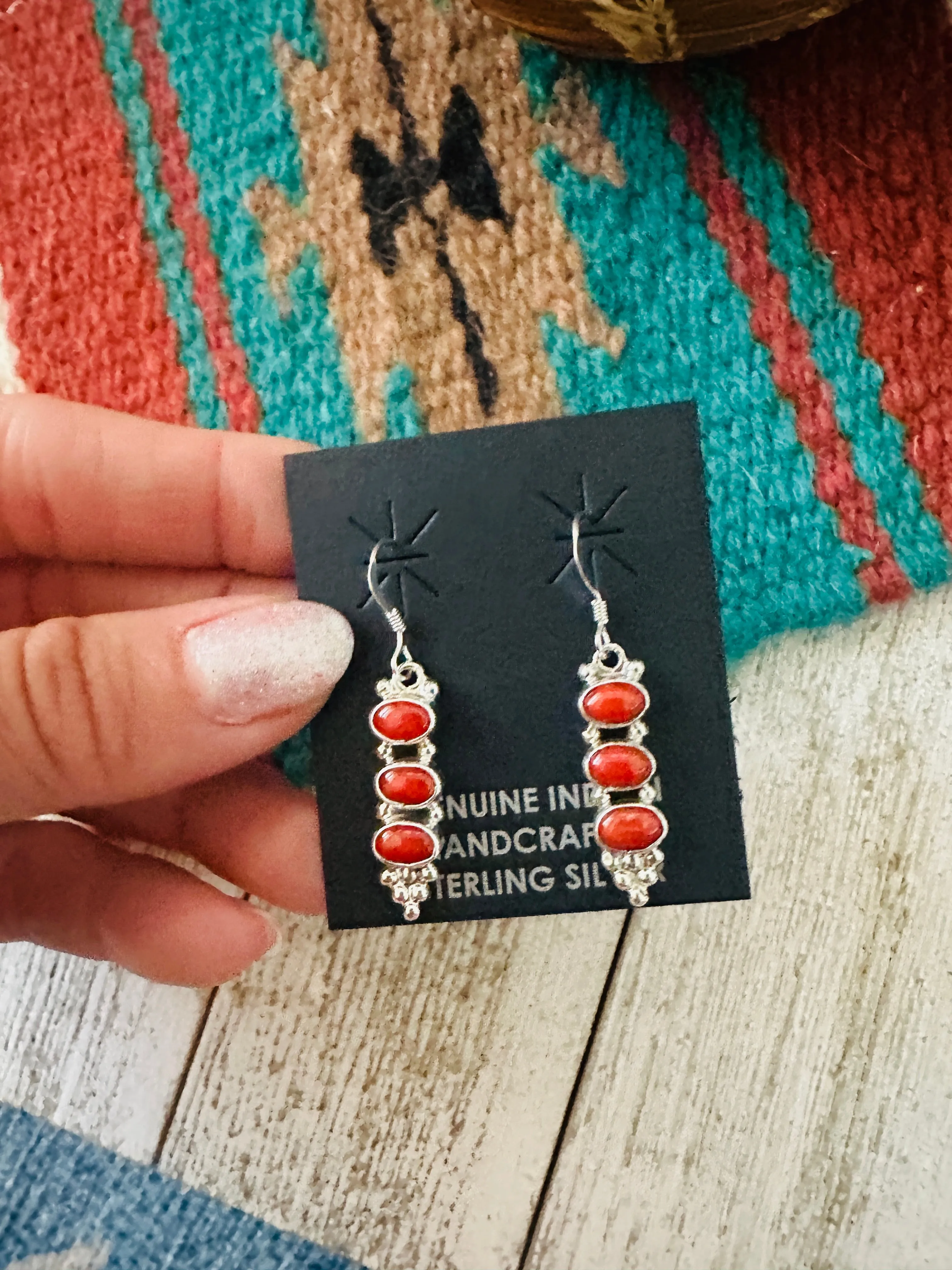 Navajo Sterling Silver & Coral Dangle Earrings