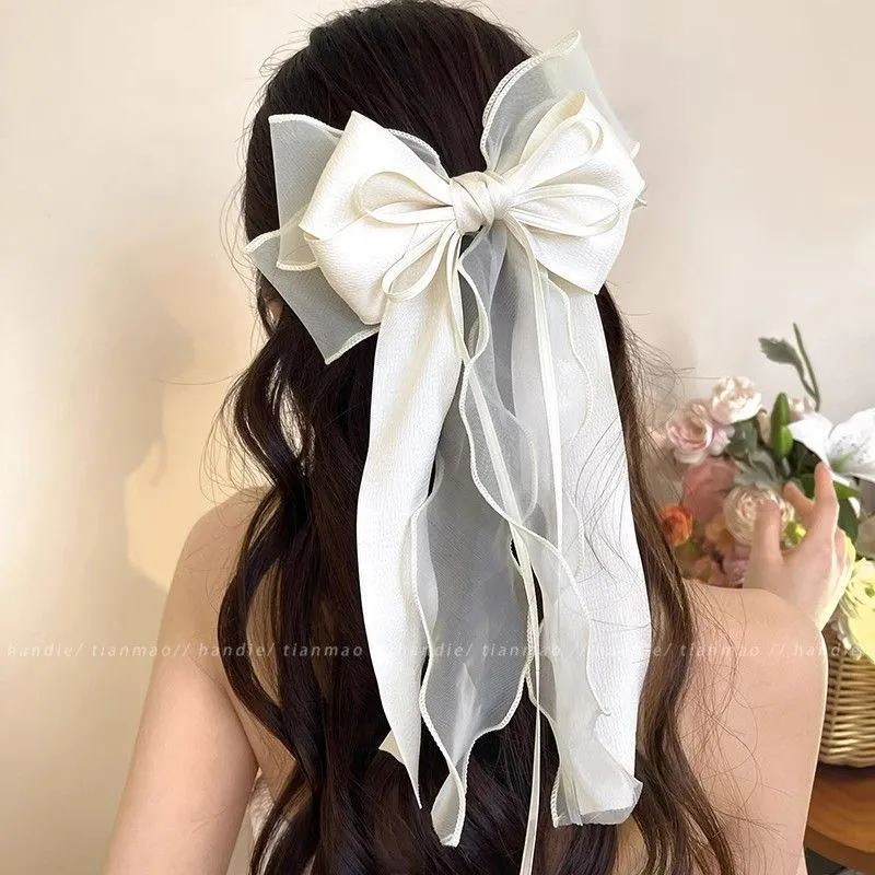 Oversized Jasmine White Mesh Bow Ribbon Hairpin