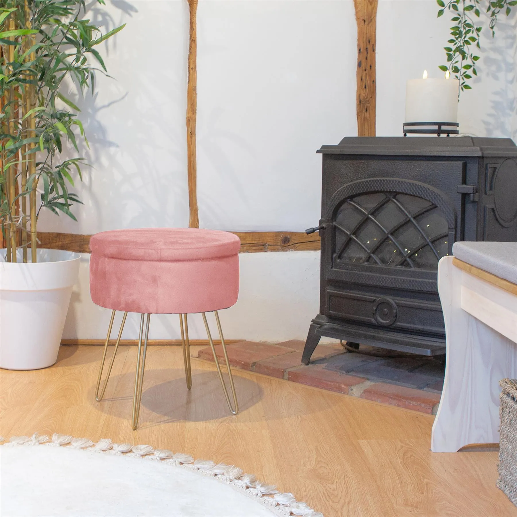 Pink Round Velvet Storage Footstool - By Harbour Housewares