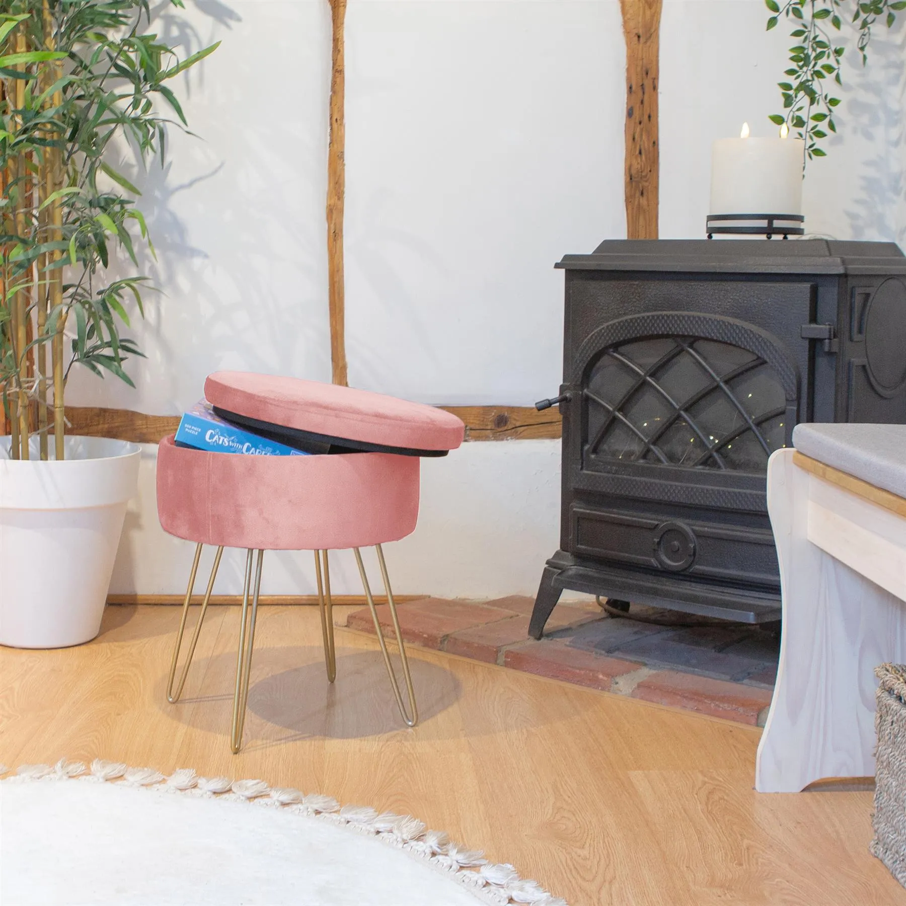 Pink Round Velvet Storage Footstool - By Harbour Housewares