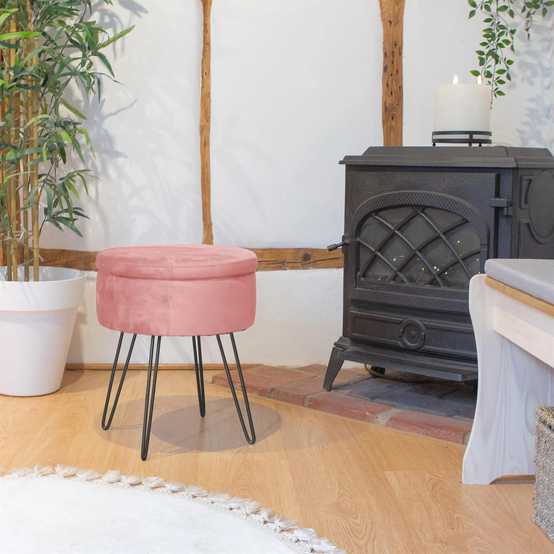 Pink Round Velvet Storage Footstool - By Harbour Housewares