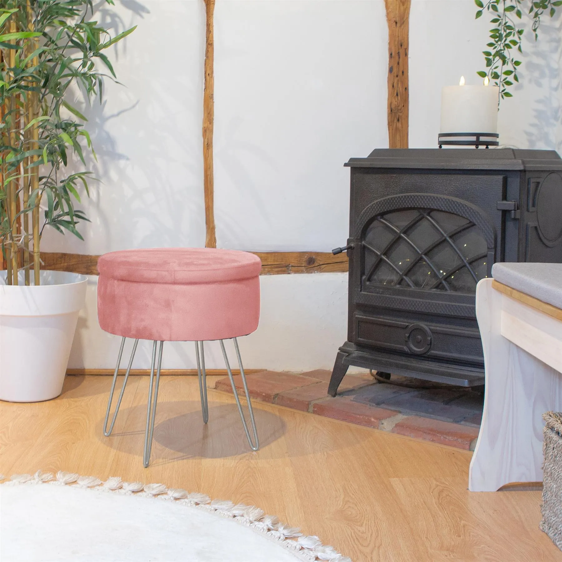Pink Round Velvet Storage Footstool - By Harbour Housewares