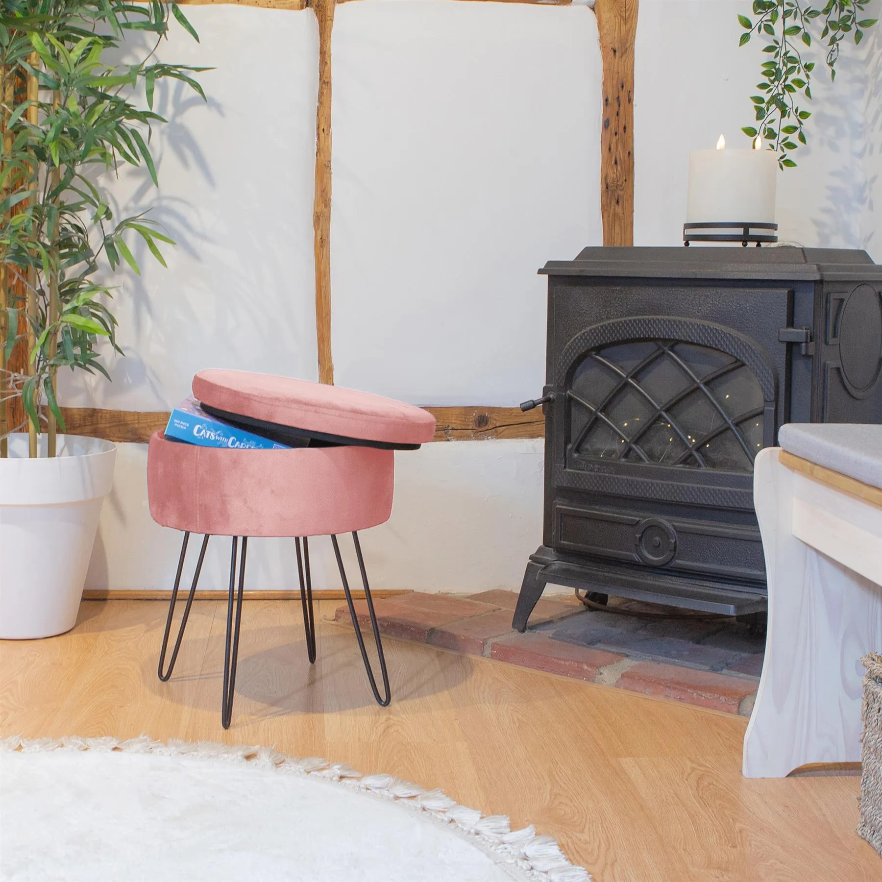 Pink Round Velvet Storage Footstool - By Harbour Housewares