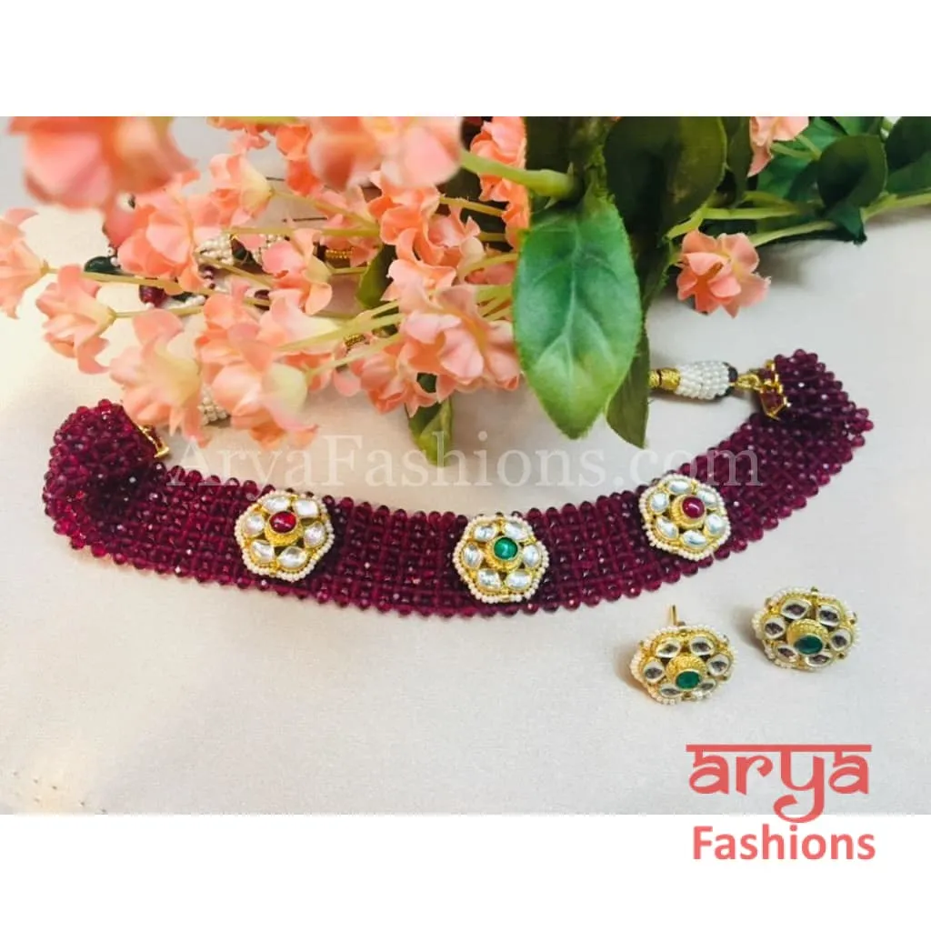Pink Ruby Kundan Choker Necklace with Stud Earrings