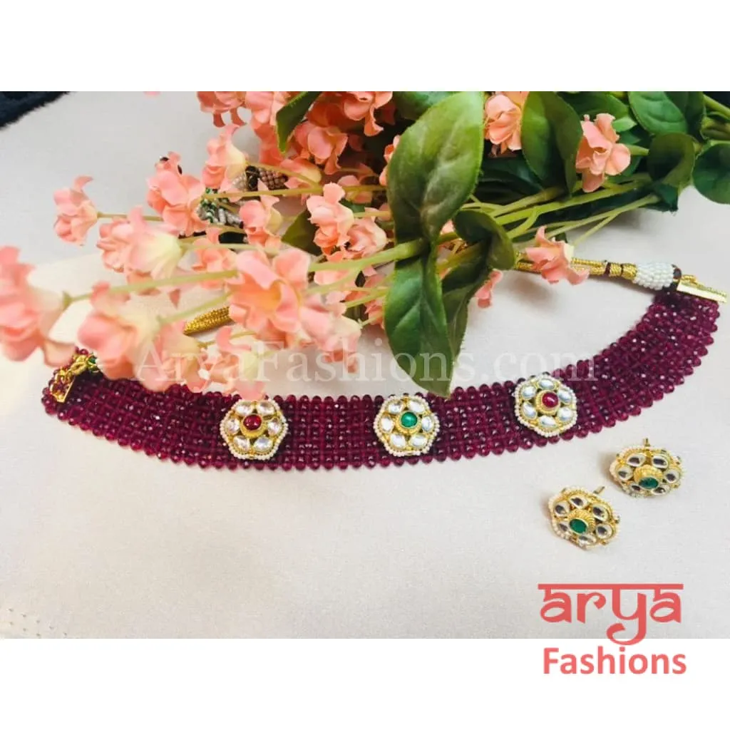 Pink Ruby Kundan Choker Necklace with Stud Earrings
