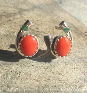 Red Coral Earrings - Emerald Vintage Earrings - Two Stone Earrings