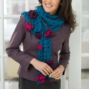 Red Heart Crochet Hairpin Lace & Flowers Scarf
