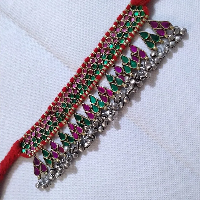Red Turkmen Dangling Choker Necklace With Bells
