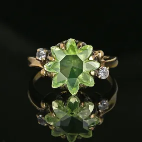 Retro Gold Floral Fancy Cut Green Spinel Ring, Sapphire Accents