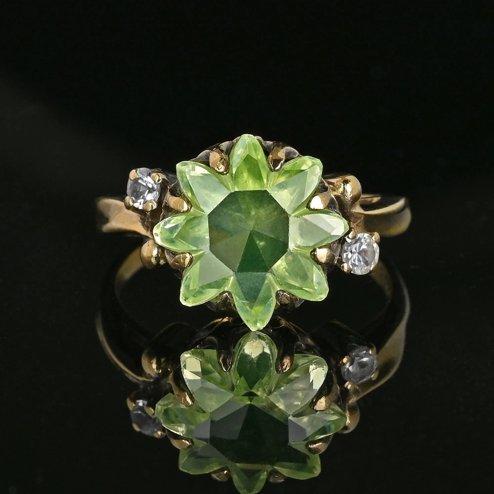 Retro Gold Floral Fancy Cut Green Spinel Ring, Sapphire Accents