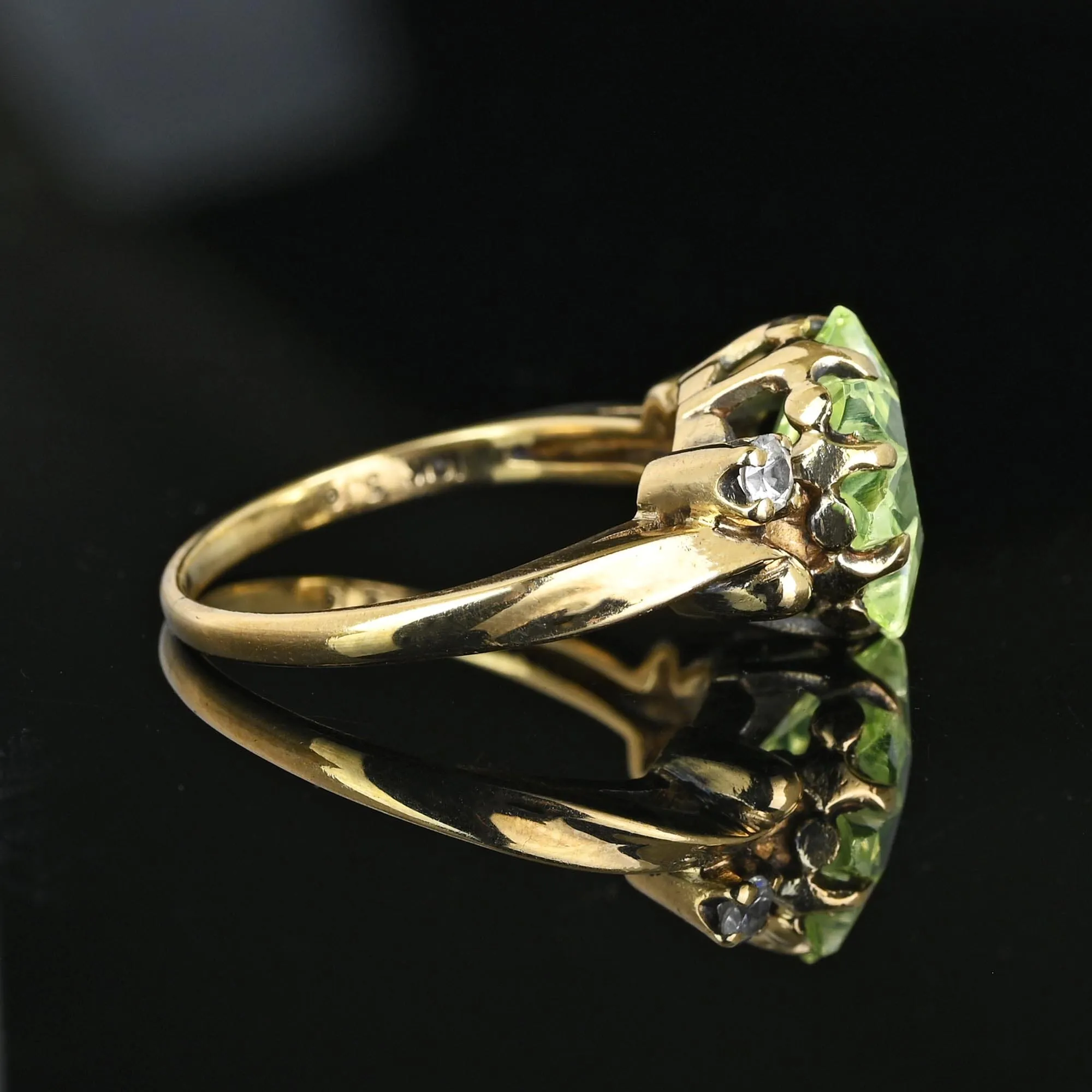 Retro Gold Floral Fancy Cut Green Spinel Ring, Sapphire Accents