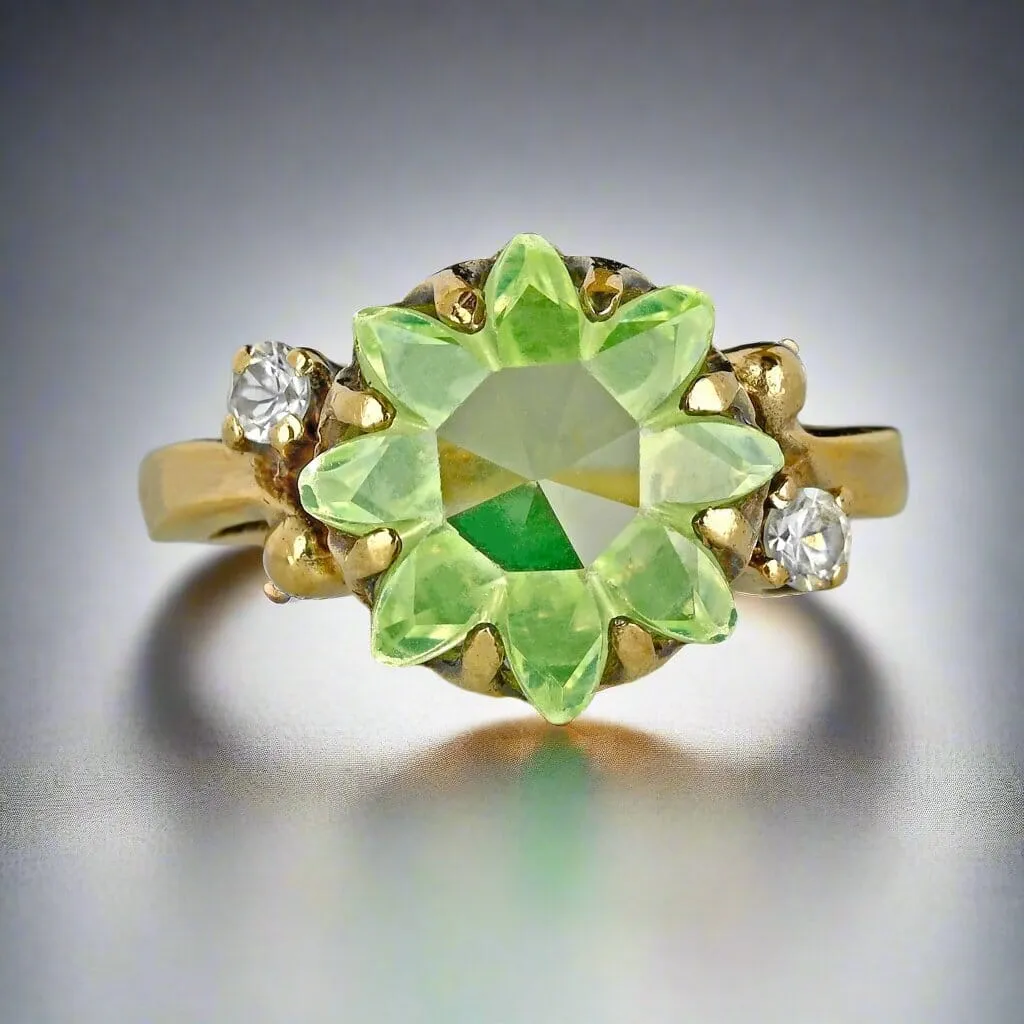 Retro Gold Floral Fancy Cut Green Spinel Ring, Sapphire Accents