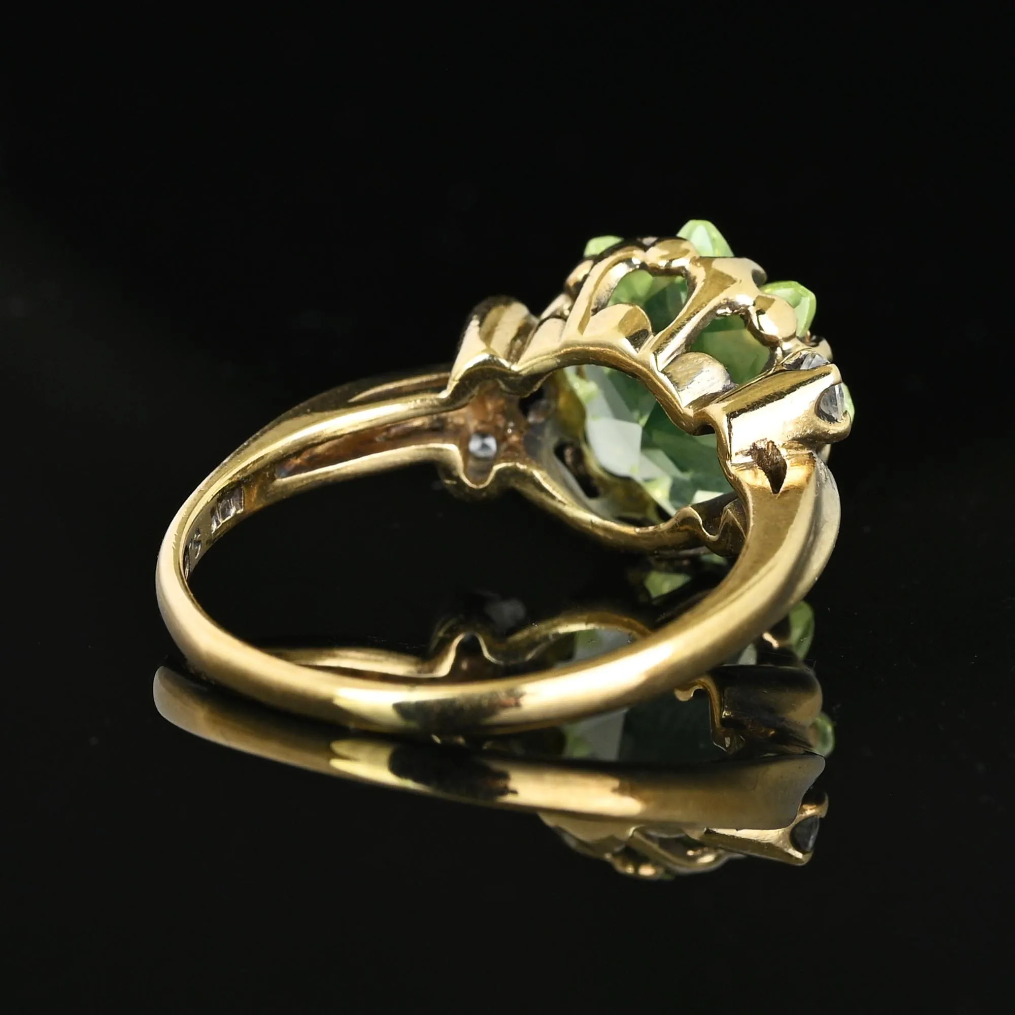 Retro Gold Floral Fancy Cut Green Spinel Ring, Sapphire Accents