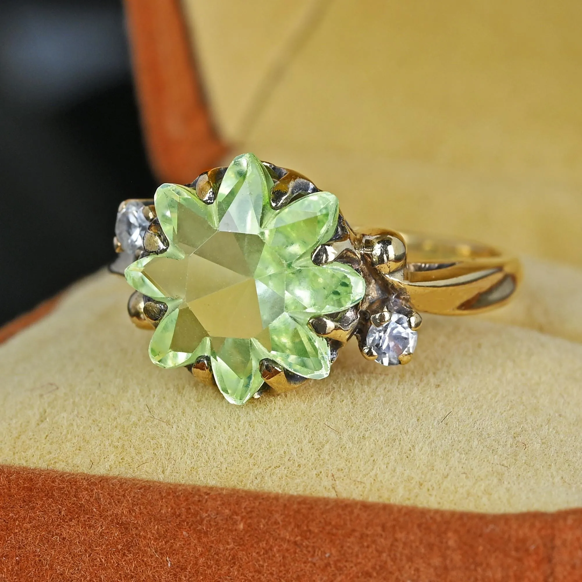 Retro Gold Floral Fancy Cut Green Spinel Ring, Sapphire Accents