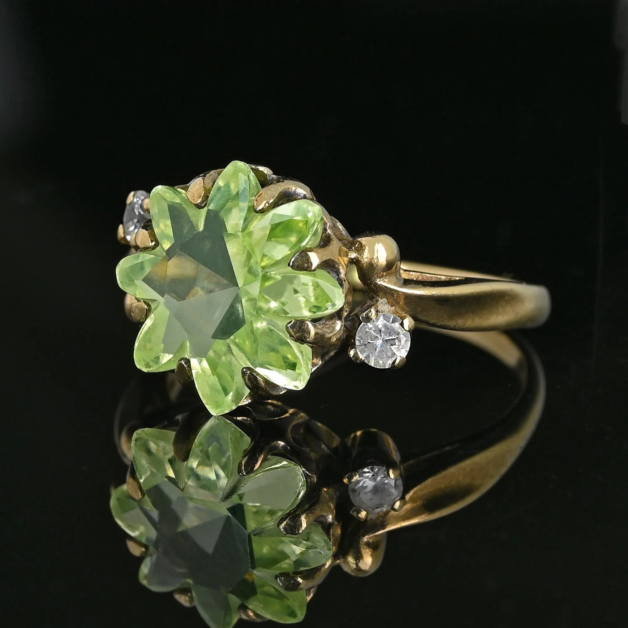 Retro Gold Floral Fancy Cut Green Spinel Ring, Sapphire Accents