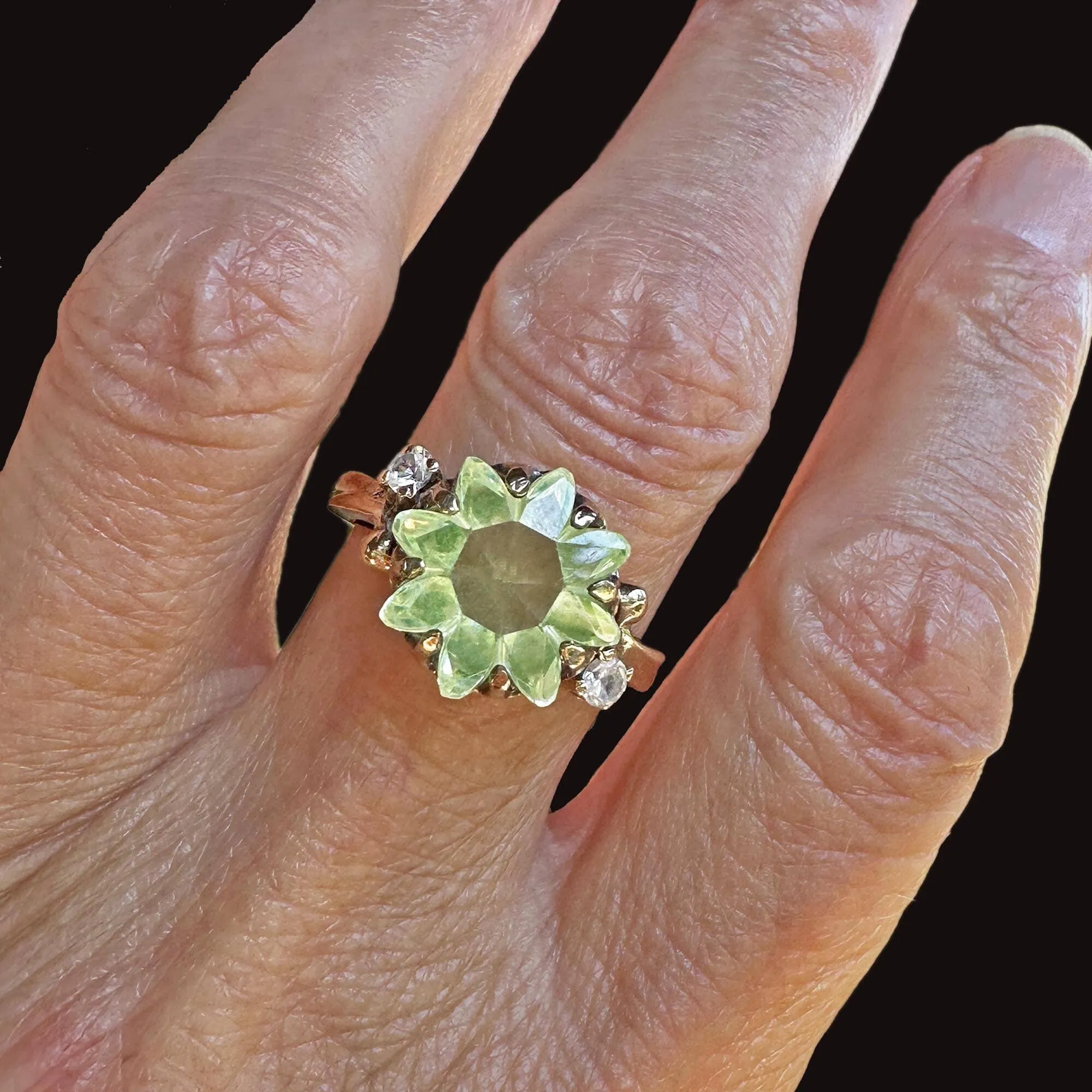Retro Gold Floral Fancy Cut Green Spinel Ring, Sapphire Accents