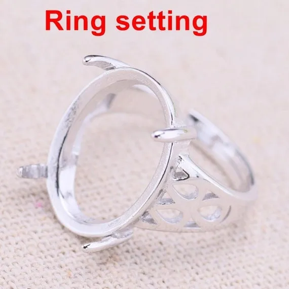 Ring Setting Blank Bezel 14x18mm 1pc 3.4g 925 Sterling Silver Adjustable for 1 Oval Shape Cabochon Cameo 4 Prongs Wholesale Available
