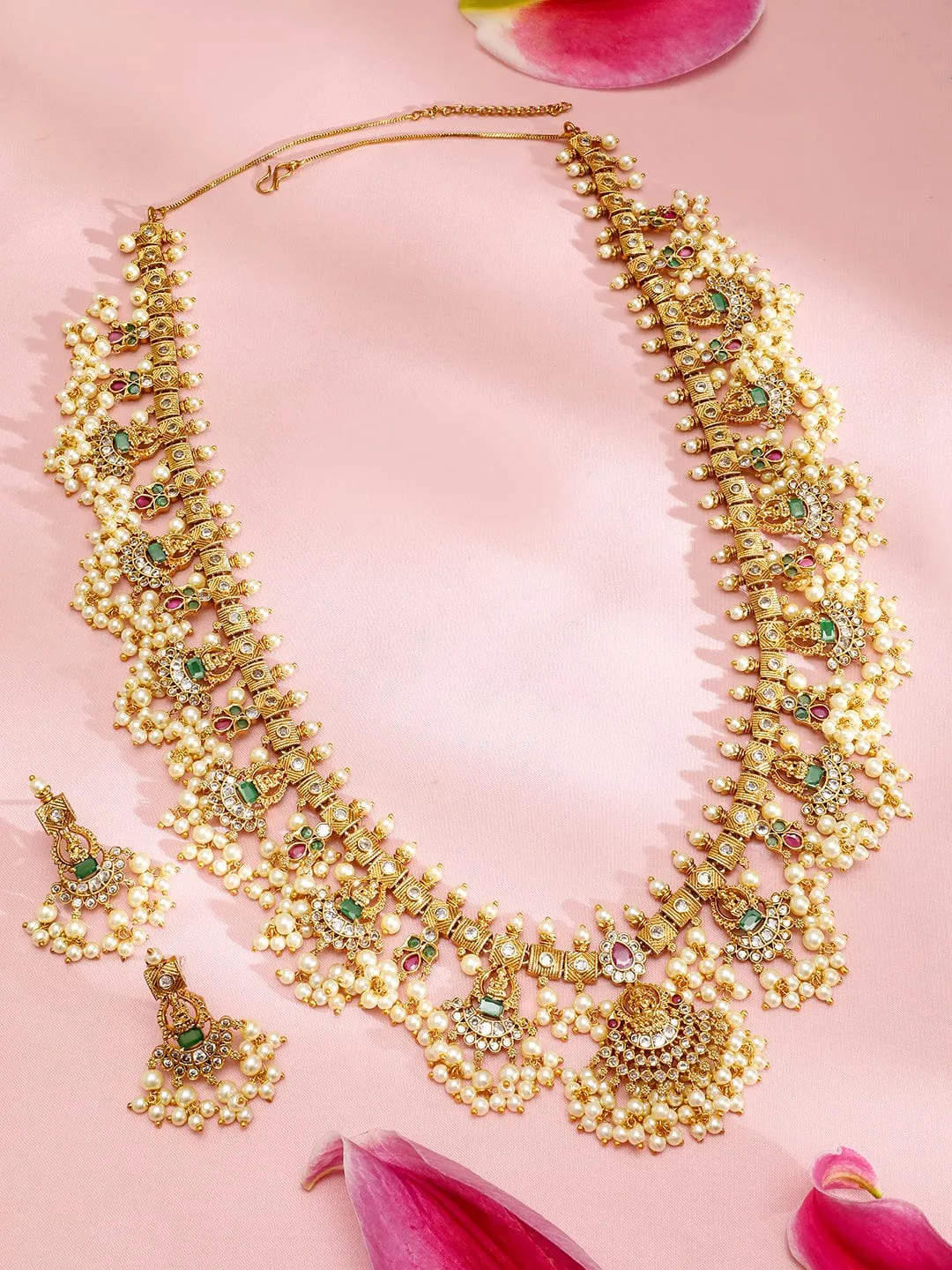 Rubans 22K Gold-Plated Green & Pink Stone Cubic Zirconia Studded Temple Jewellery Set with Pearls