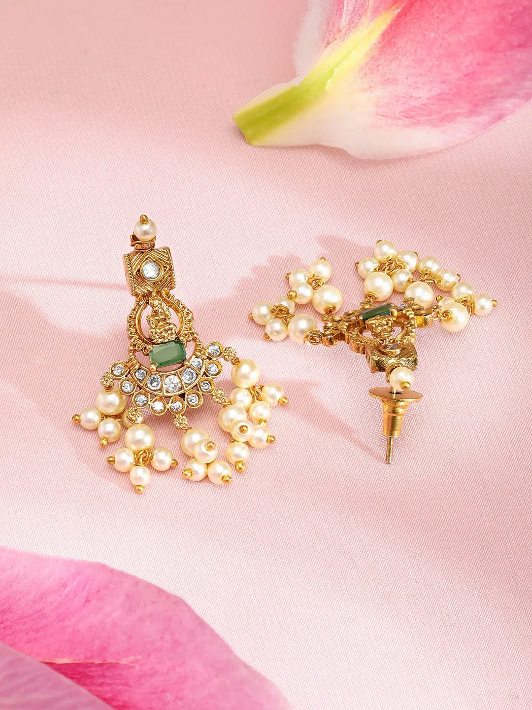 Rubans 22K Gold-Plated Green & Pink Stone Cubic Zirconia Studded Temple Jewellery Set with Pearls