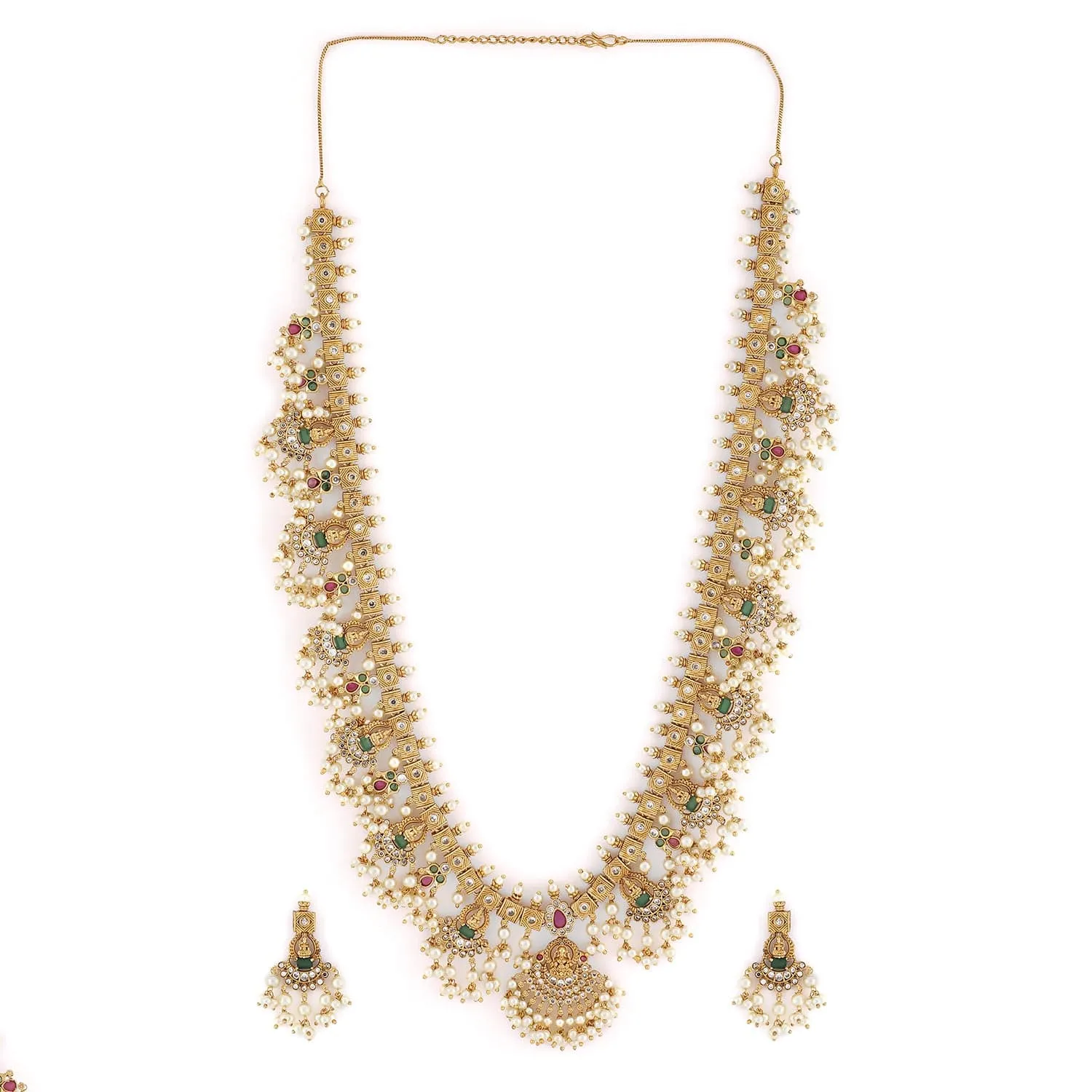 Rubans 22K Gold-Plated Green & Pink Stone Cubic Zirconia Studded Temple Jewellery Set with Pearls
