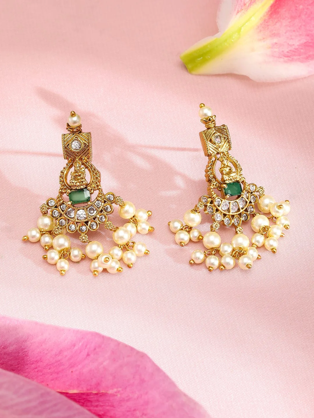 Rubans 22K Gold-Plated Green & Pink Stone Cubic Zirconia Studded Temple Jewellery Set with Pearls