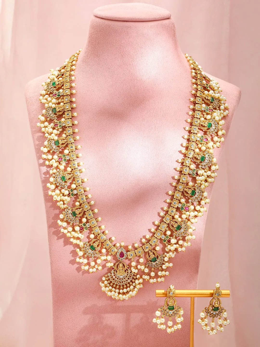 Rubans 22K Gold-Plated Green & Pink Stone Cubic Zirconia Studded Temple Jewellery Set with Pearls