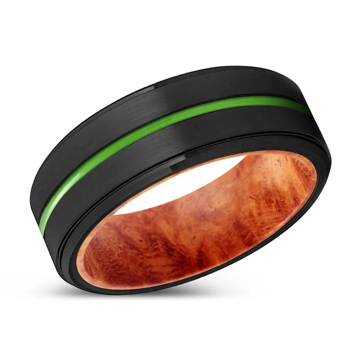 SALINAS | Red Burl Wood, Black Tungsten Ring, Green Groove, Stepped Edge