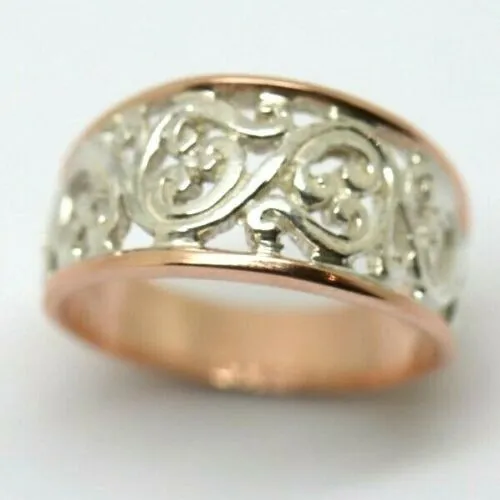 Size Q New Genuine Sterling Silver & 9ct Rose Gold Rims Filigree Swirl Ring