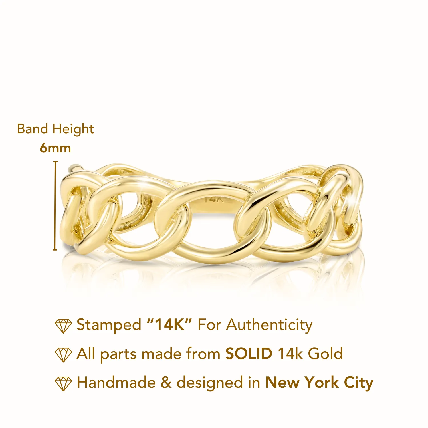 Solid 14k Gold Cuban Chain Ring, Chunky Chain Link Design