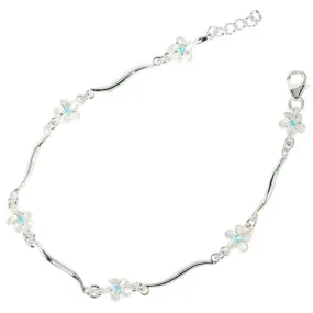 Sterling Silver Hawaiian Plumeria with Blue CZ Wave Bar Links Bracelet