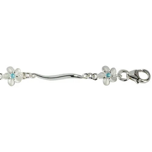 Sterling Silver Hawaiian Plumeria with Blue CZ Wave Bar Links Bracelet